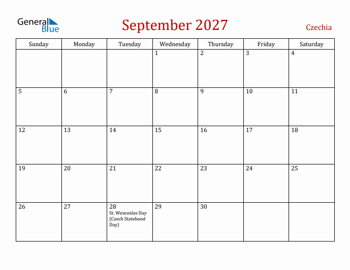 Czechia September 2027 Calendar - Sunday Start