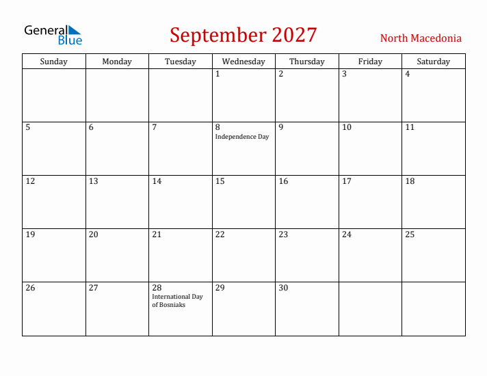 North Macedonia September 2027 Calendar - Sunday Start