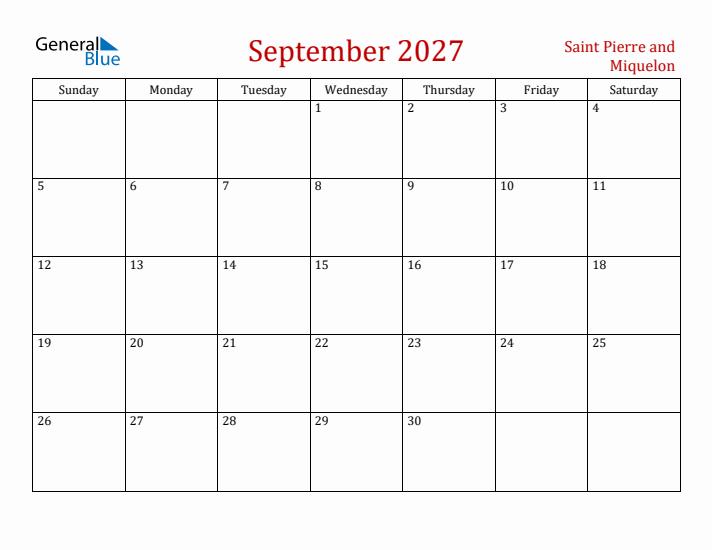 Saint Pierre and Miquelon September 2027 Calendar - Sunday Start