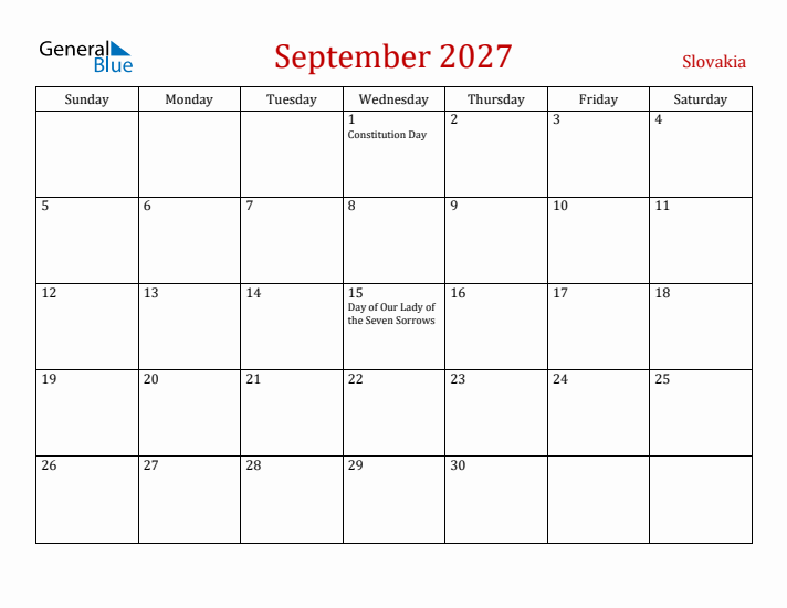 Slovakia September 2027 Calendar - Sunday Start
