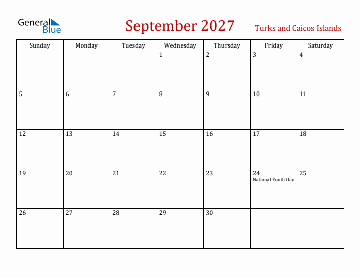 Turks and Caicos Islands September 2027 Calendar - Sunday Start