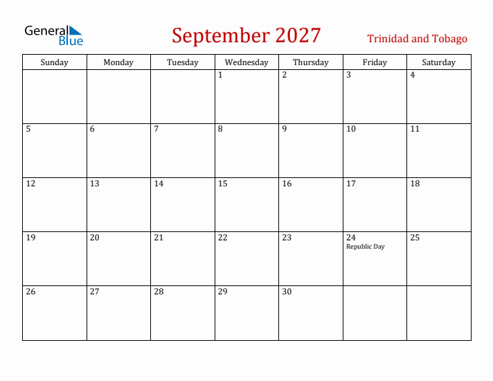 Trinidad and Tobago September 2027 Calendar - Sunday Start