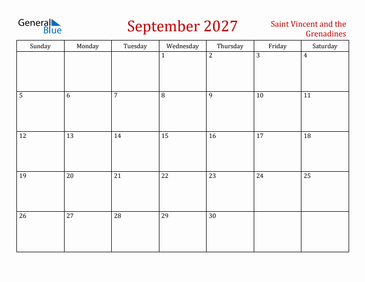 Saint Vincent and the Grenadines September 2027 Calendar - Sunday Start