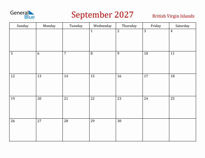 British Virgin Islands September 2027 Calendar - Sunday Start