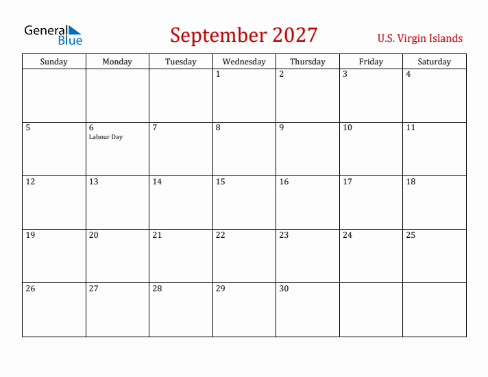 U.S. Virgin Islands September 2027 Calendar - Sunday Start