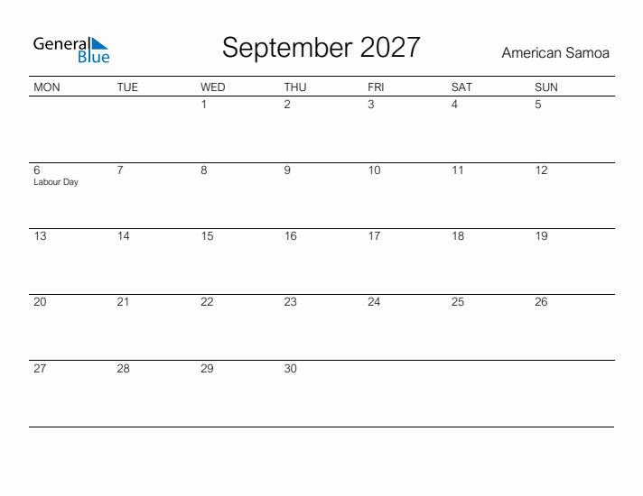 Printable September 2027 Calendar for American Samoa
