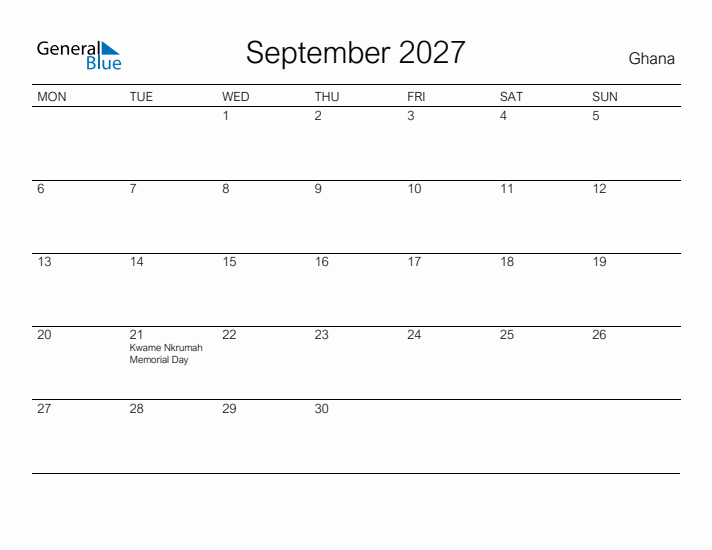 Printable September 2027 Calendar for Ghana
