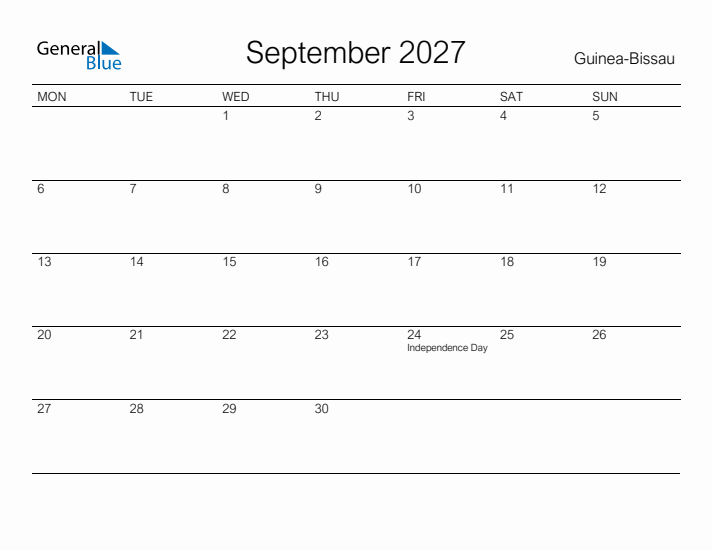 Printable September 2027 Calendar for Guinea-Bissau