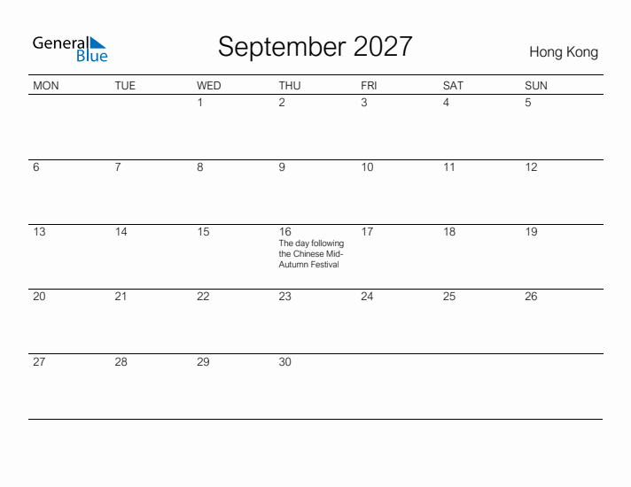Printable September 2027 Calendar for Hong Kong
