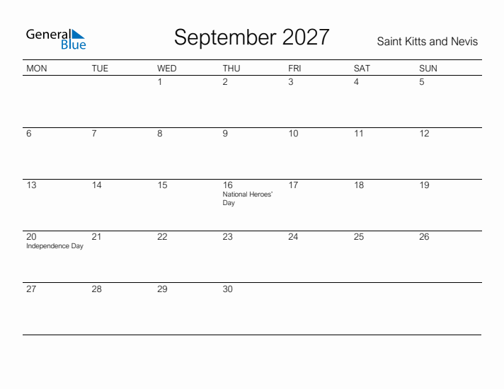 Printable September 2027 Calendar for Saint Kitts and Nevis