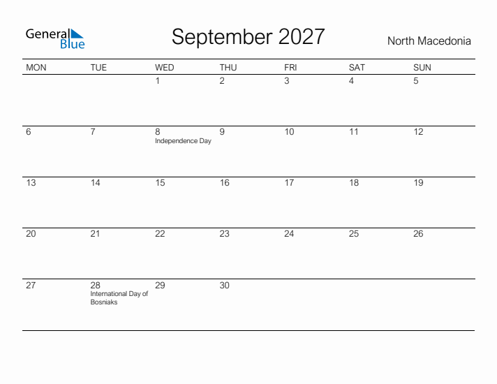 Printable September 2027 Calendar for North Macedonia