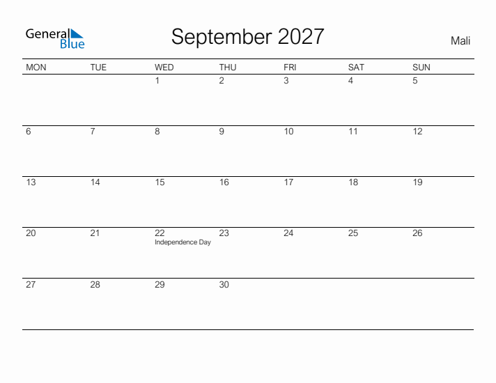 Printable September 2027 Calendar for Mali