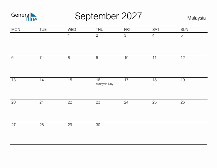 Printable September 2027 Calendar for Malaysia