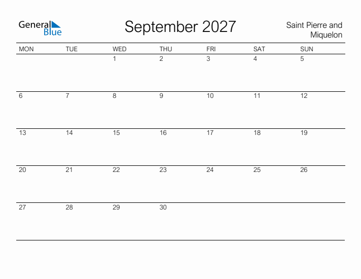 Printable September 2027 Calendar for Saint Pierre and Miquelon