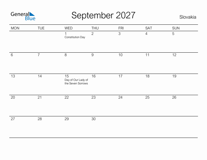 Printable September 2027 Calendar for Slovakia
