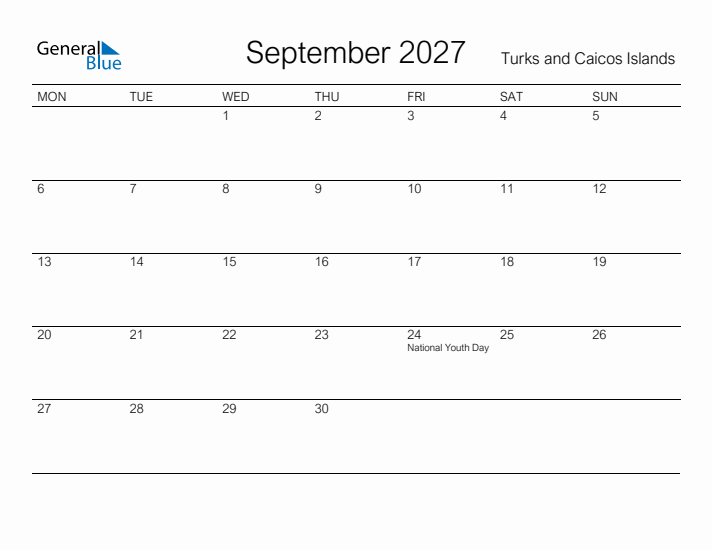 Printable September 2027 Calendar for Turks and Caicos Islands