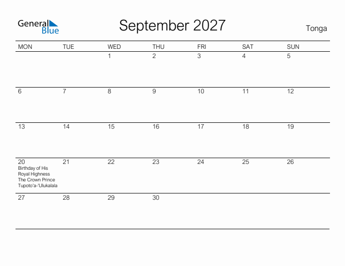 Printable September 2027 Calendar for Tonga