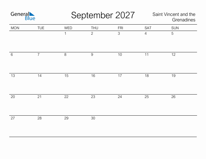 Printable September 2027 Calendar for Saint Vincent and the Grenadines