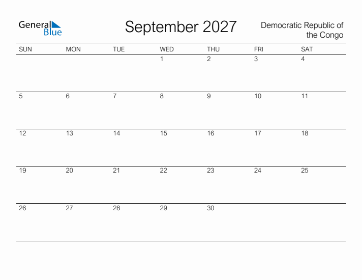 Printable September 2027 Calendar for Democratic Republic of the Congo