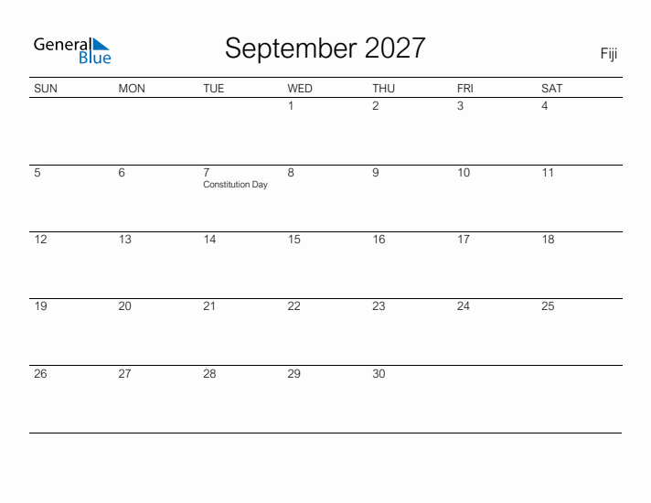 Printable September 2027 Calendar for Fiji