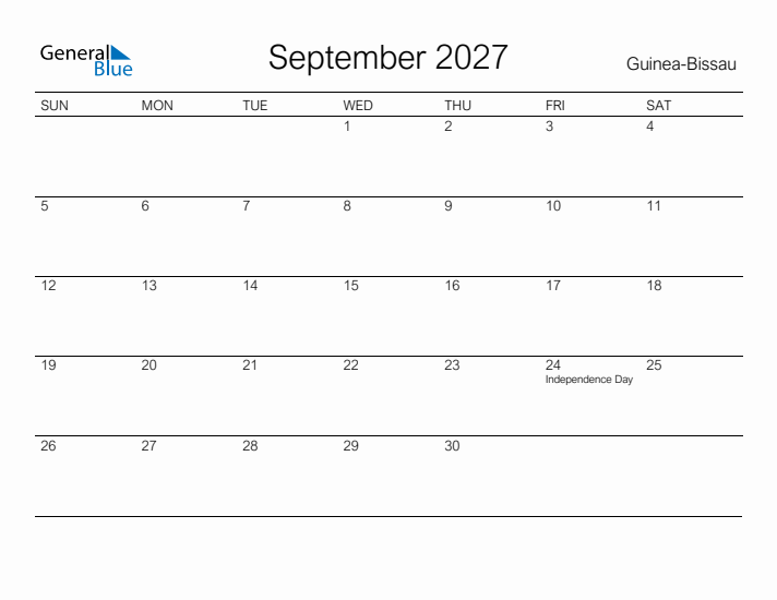 Printable September 2027 Calendar for Guinea-Bissau