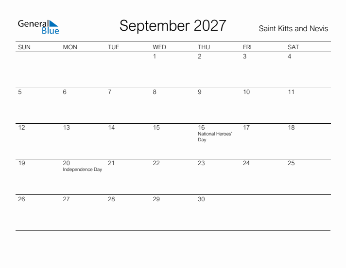 Printable September 2027 Calendar for Saint Kitts and Nevis
