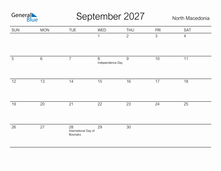 Printable September 2027 Calendar for North Macedonia