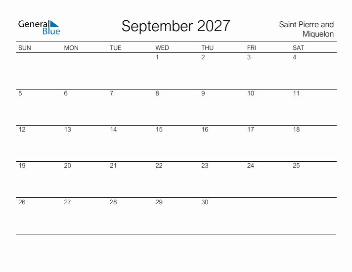 Printable September 2027 Calendar for Saint Pierre and Miquelon