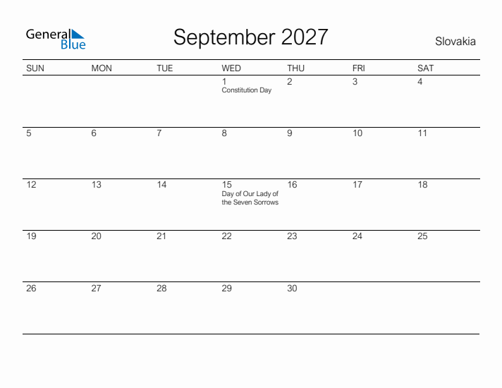 Printable September 2027 Calendar for Slovakia