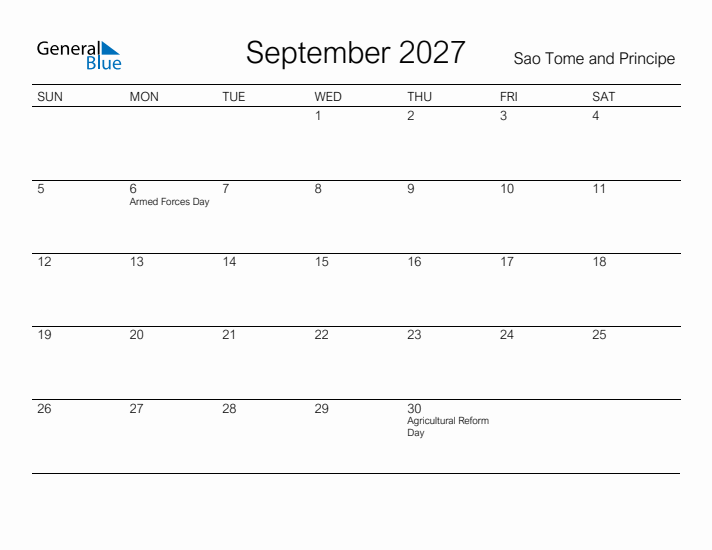 Printable September 2027 Calendar for Sao Tome and Principe