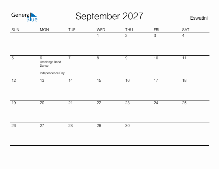 Printable September 2027 Calendar for Eswatini