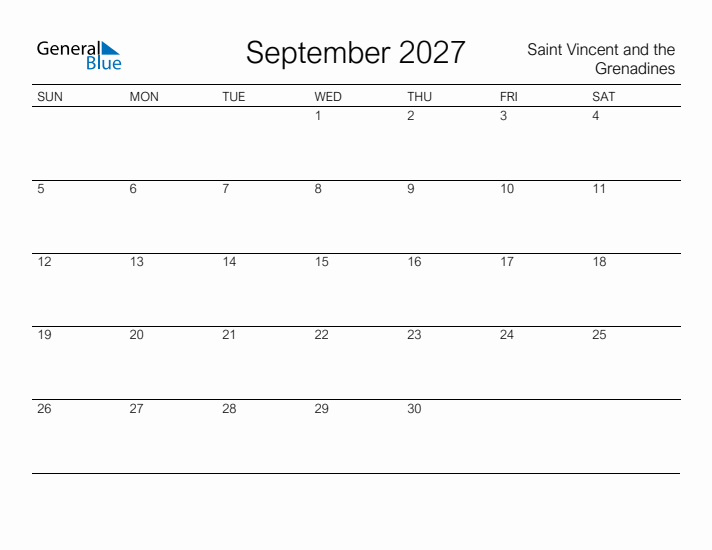 Printable September 2027 Calendar for Saint Vincent and the Grenadines