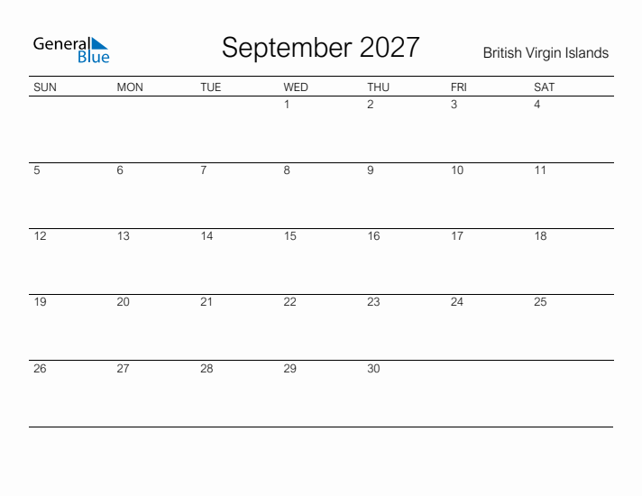 Printable September 2027 Calendar for British Virgin Islands