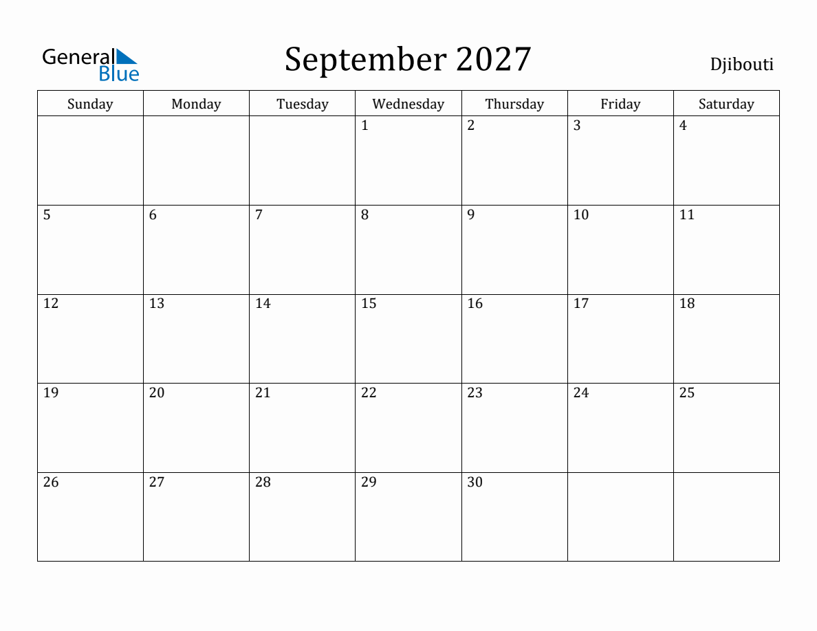 September 2027 Monthly Calendar with Djibouti Holidays