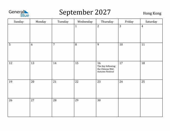 September 2027 Calendar Hong Kong