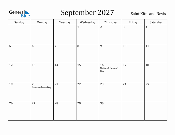 September 2027 Calendar Saint Kitts and Nevis