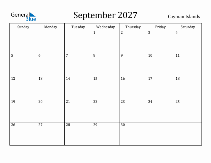 September 2027 Calendar Cayman Islands