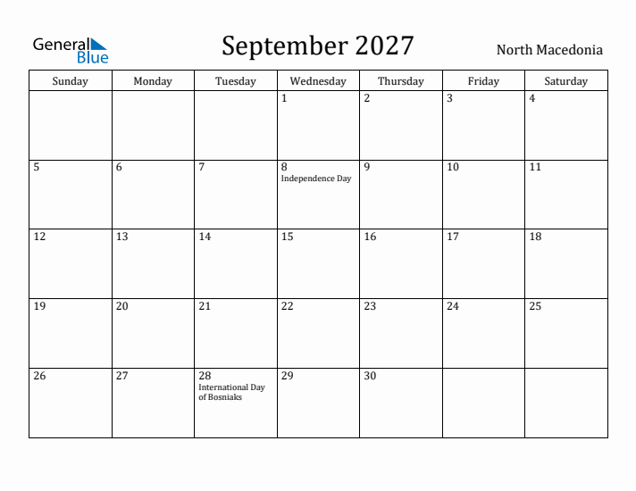 September 2027 Calendar North Macedonia
