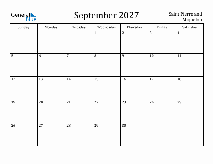 September 2027 Calendar Saint Pierre and Miquelon