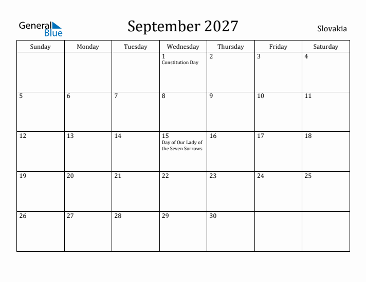 September 2027 Calendar Slovakia