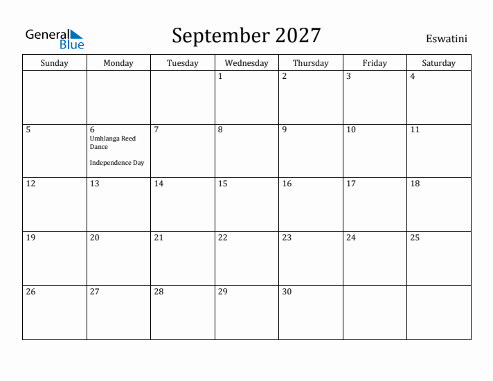 September 2027 Calendar Eswatini