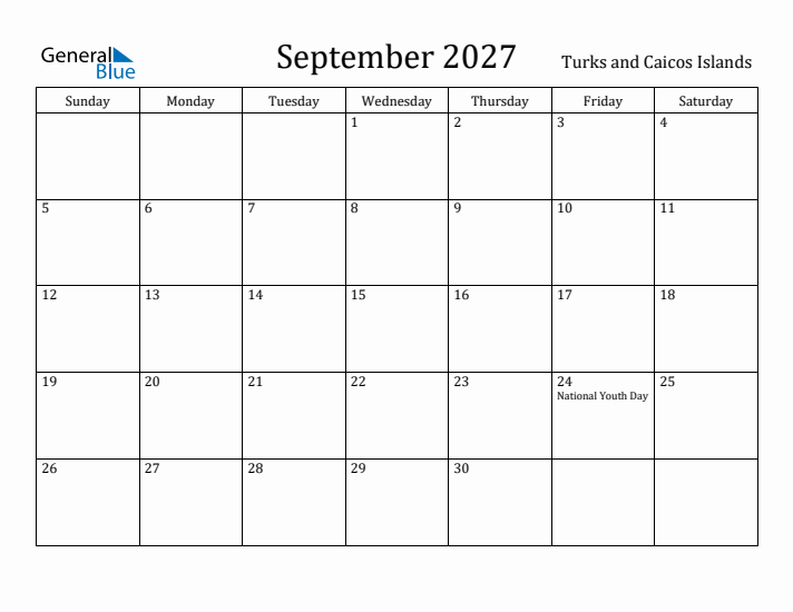 September 2027 Calendar Turks and Caicos Islands