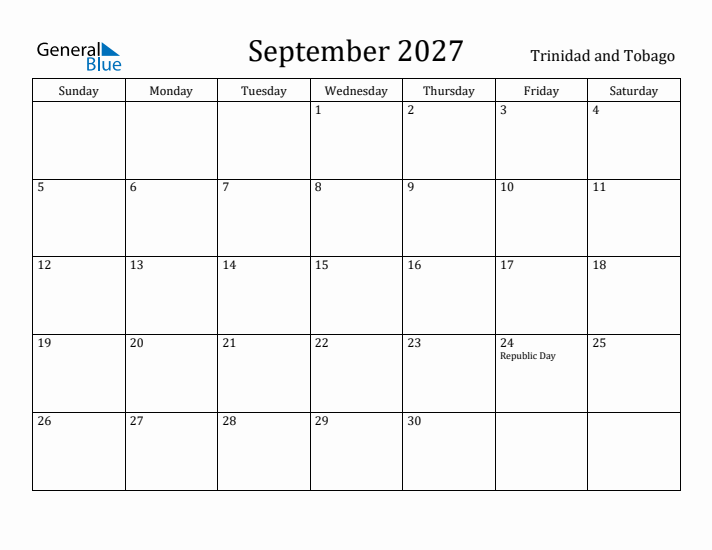 September 2027 Calendar Trinidad and Tobago