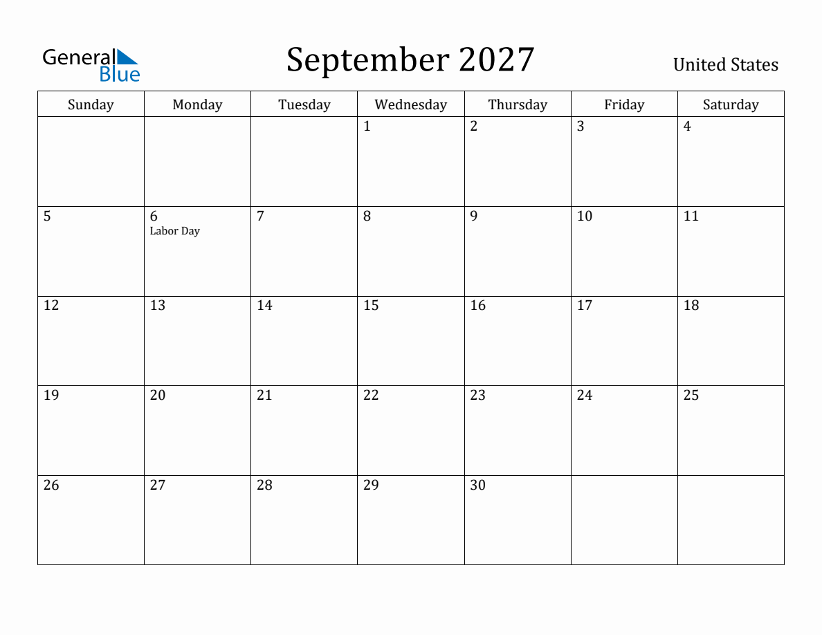 September 2027 Monthly Calendar with United States Holidays