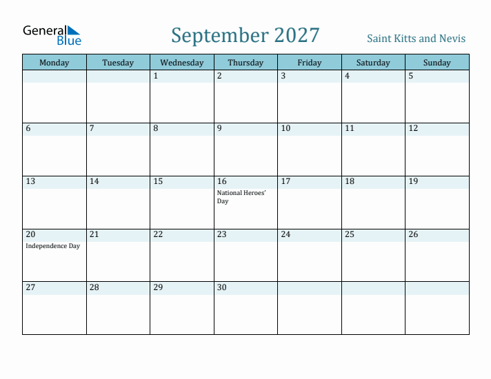 September 2027 Calendar with Holidays