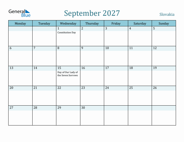 September 2027 Calendar with Holidays