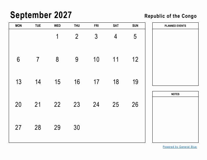 September 2027 Printable Monthly Calendar with Republic of the Congo Holidays