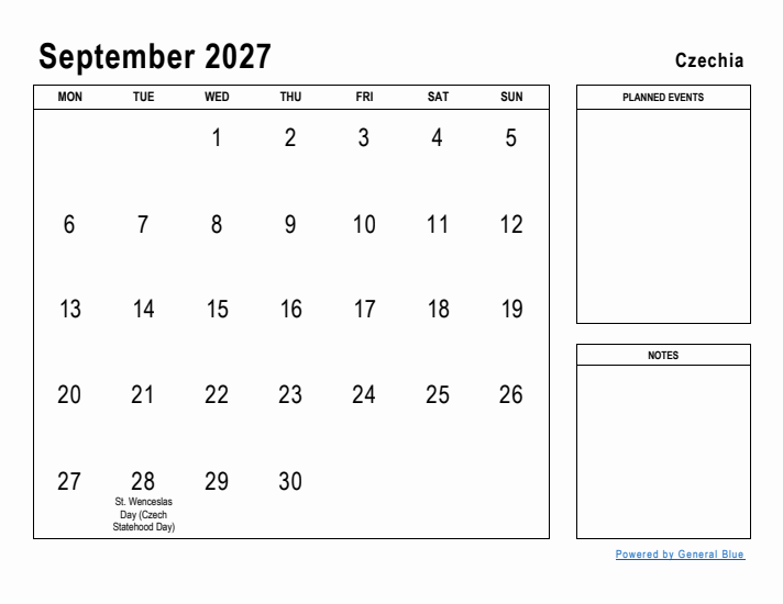September 2027 Printable Monthly Calendar with Czechia Holidays