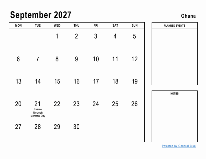 September 2027 Printable Monthly Calendar with Ghana Holidays