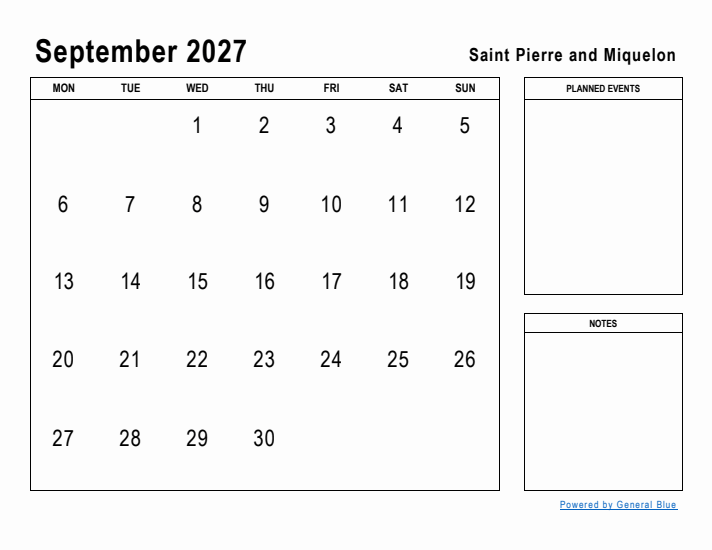 September 2027 Printable Monthly Calendar with Saint Pierre and Miquelon Holidays